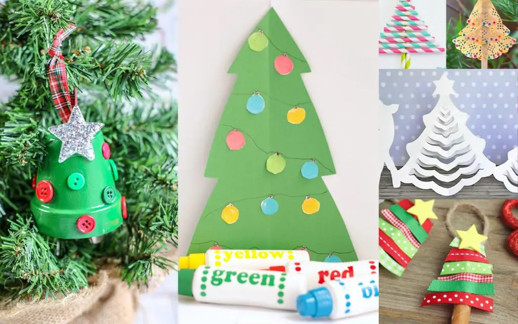 Different Christmas tree kid crafts in image collage