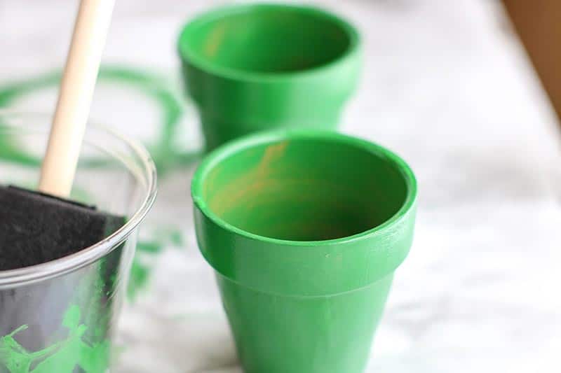 Small clay pots drying after being painted green inside and out.