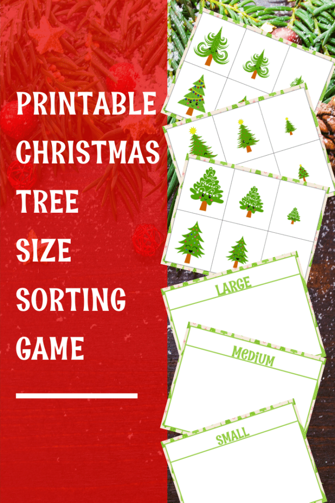 Preview images of Christmas tree sorting printable with a text overlay.