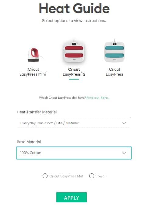 Screenshot of using online Cricut heat guide for projects.