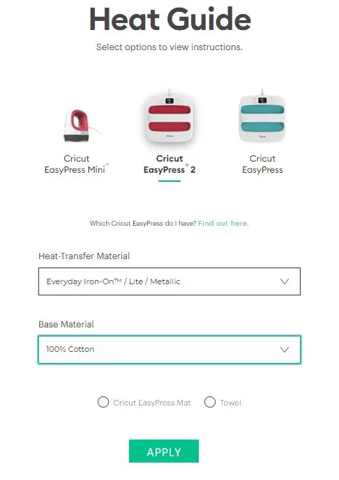 Screenshot of using online Cricut heat guide for projects.