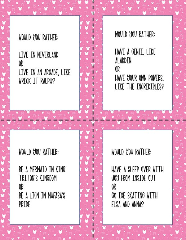 Page with four would you rather questions, pink border with Mickey outlines, and dashes for cutting apart the cards.