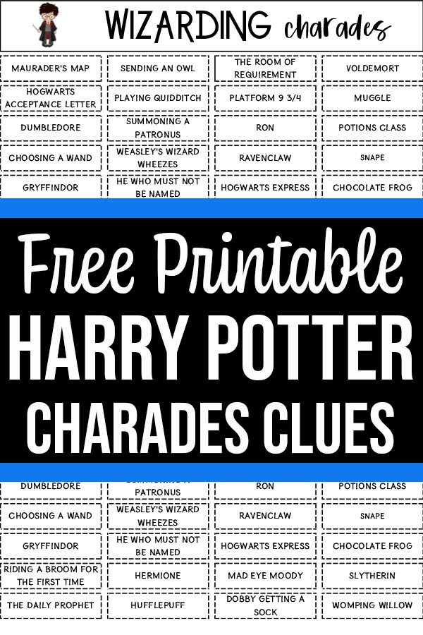 Wizarding charades printable list preview image with text overlay