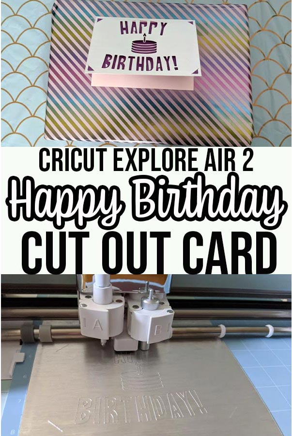 Completed birthday card taped to wrapped gift and close up of Cricut machine cutting paper with text overlay.