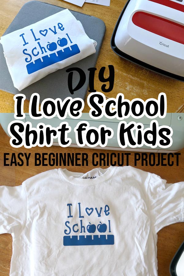 Folded white t shirt with I Love School design on gray mat next to EasyPress 2 and finished shirt laid out on table.