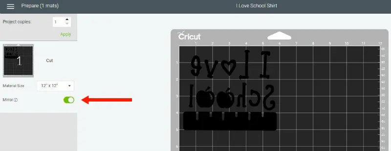 Preview of Cricut Design Space where to mirror design for cutting an iron on design.