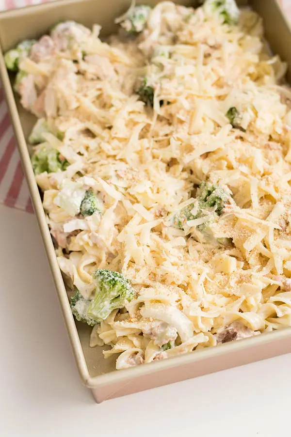 Ingredients for tuna casserole in casserole baking dish.