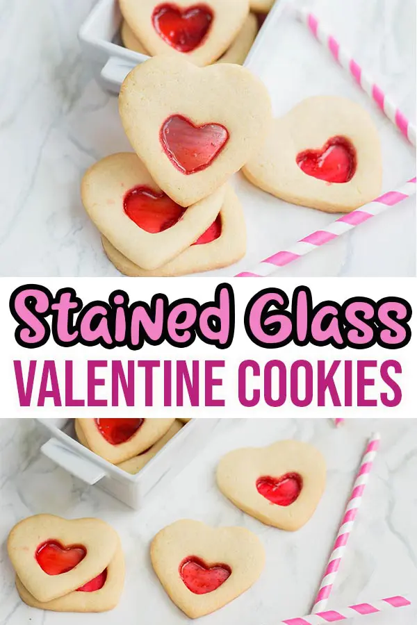 Collage of two images of baked heart stained glass cookies with text overlay.