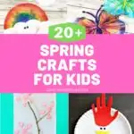 Collage of a rainbow craft, a butterfly craft, a flower painting, and chicken craft with text in middle on pink background that says 20+ Spring Crafts for Kids