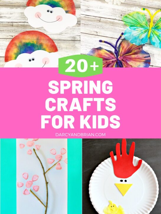 Collage of a rainbow craft, a butterfly craft, a flower painting, and chicken craft with text in middle on pink background that says 20+ Spring Crafts for Kids