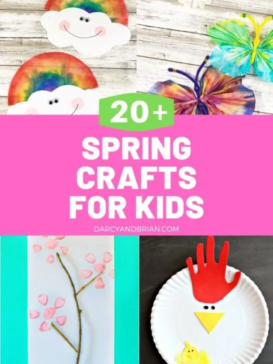 Collage of a rainbow craft, a butterfly craft, a flower painting, and chicken craft with text in middle on pink background that says 20+ Spring Crafts for Kids