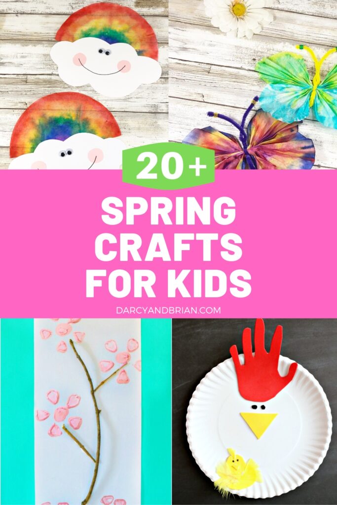 Collage of a rainbow craft, a butterfly craft, a flower painting, and chicken craft with text in middle on pink background that says 20+ Spring Crafts for Kids