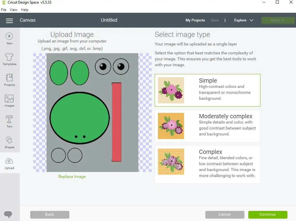Screenshot of uploading frog template in Cricut Design Space.