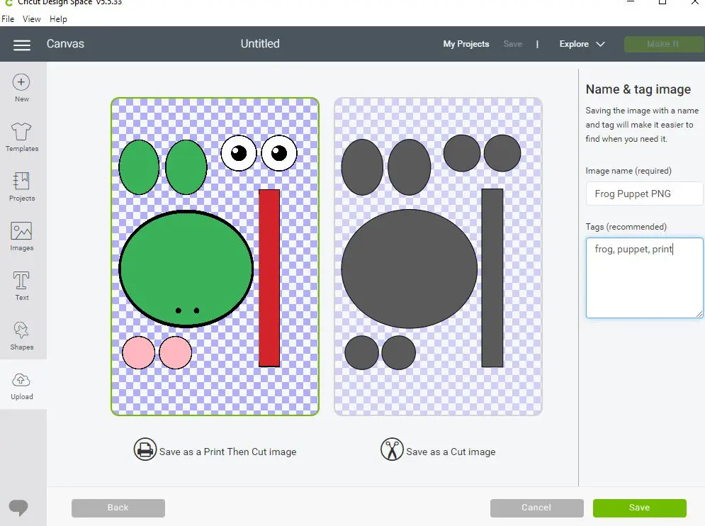Screenshot demonstrating how to use print then cut function with frog template.