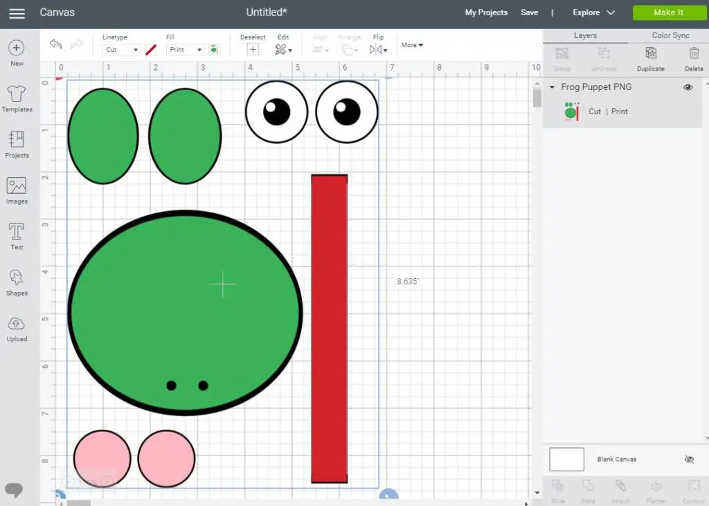 Screenshot showing how to size the frog template in Cricut Design Space.