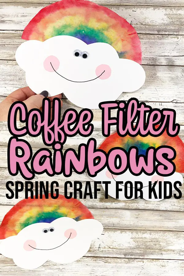 Completed rainbow coffee filter crafts and text overlay describing project.