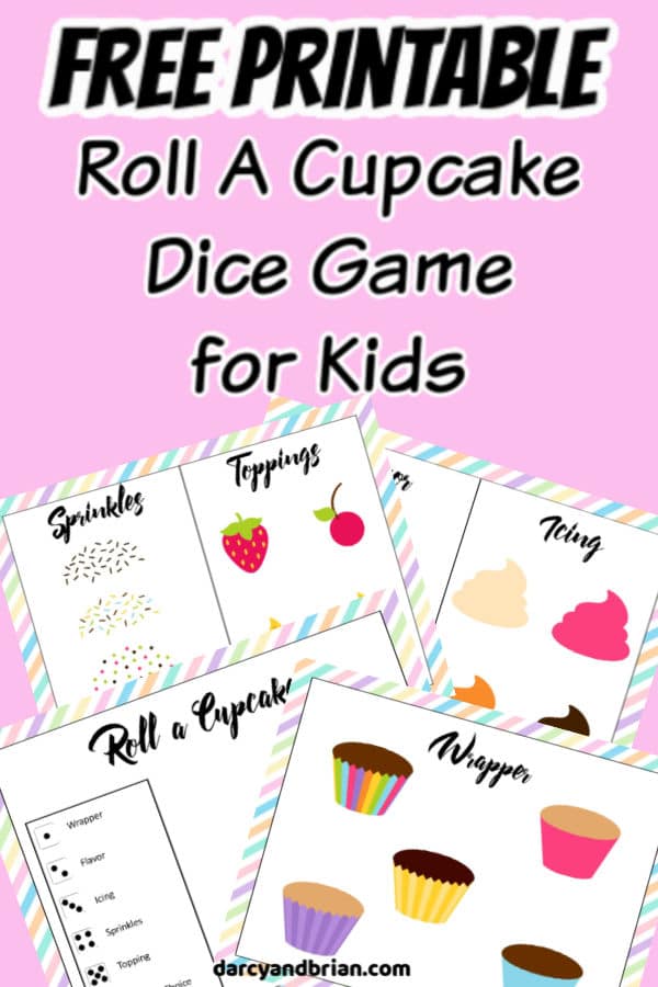 Preview images of printable cupcake game on a pink background with text overlay.