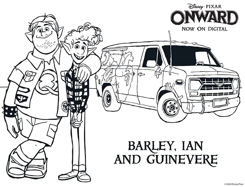Onward movie coloring sheet featuring Barley, Ian, and Guinevere the van.