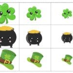 St Patrick's Day sorting game pieces with shamrocks, pots of gold, and leprechaun top hats.