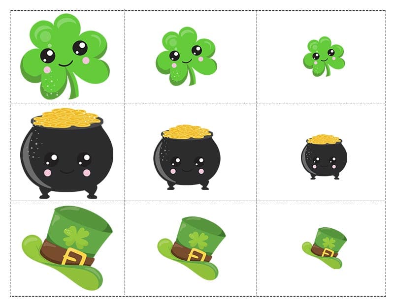 St Patrick's Day sorting game pieces with shamrocks, pots of gold, and leprechaun top hats.