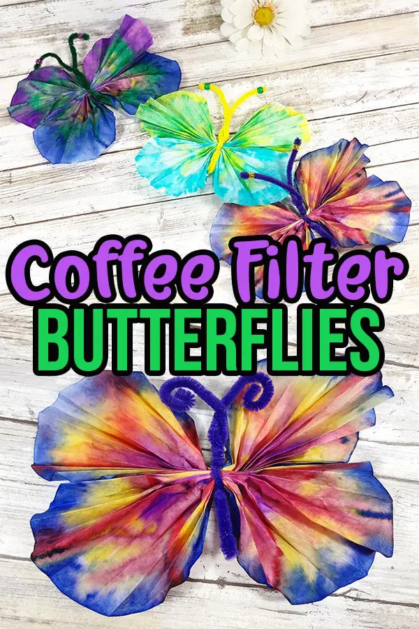 Collage of finished coffee filter butterflies with text overlay describing craft.