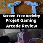 collage image of ProjeX blasters and arcade game base when off and lit up when on.