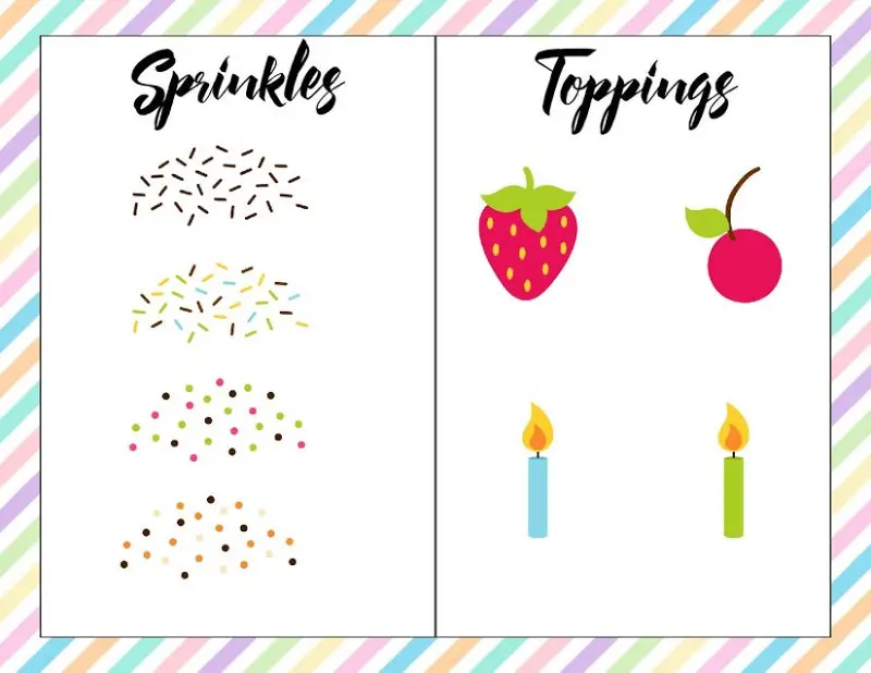 Sprinkles and toppings pieces for cupcake game. Toppings include candles, a strawberry, and a cherry.
