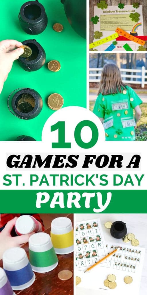 Collage of Saint Patrick's Day themed games and activities kids can play.