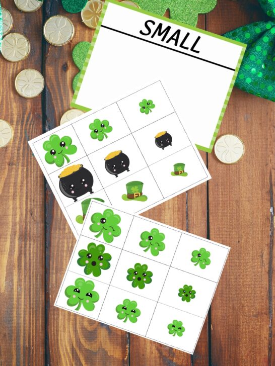 Mockup showing two pages of Saint Patrick's Day themed sorting cards and the small sorting mat.