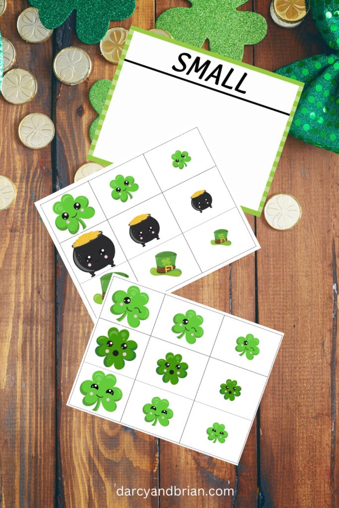 Mockup showing two pages of Saint Patrick's Day themed sorting cards and the small sorting mat.