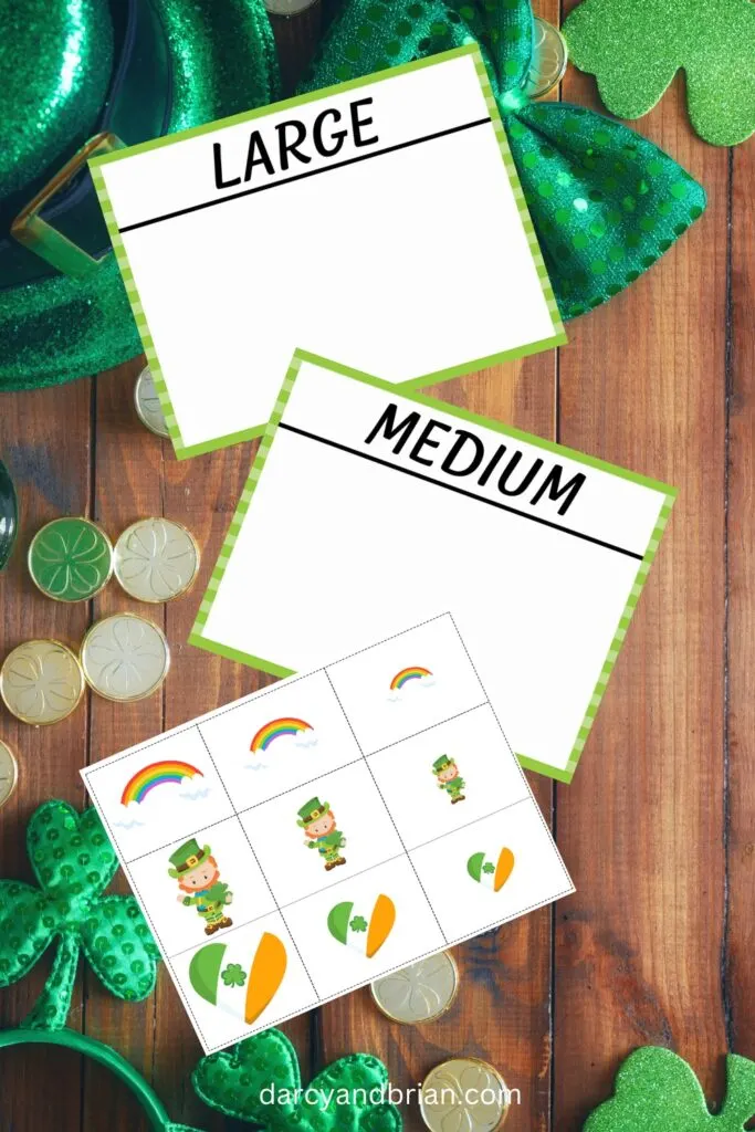 Mockup of Saint Patrick's Day themed size sorting activity. One page of sorting tokens featuring rainbows and leprechauns and the medium and large sorting mats.