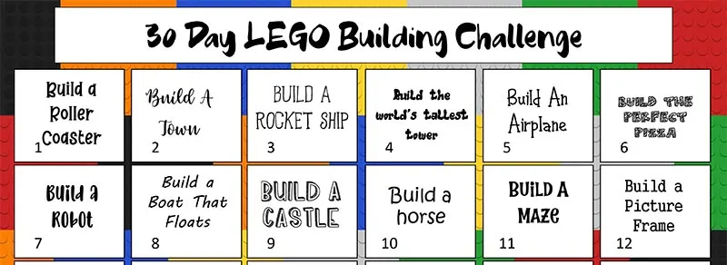 Preview of first two weeks of printable LEGO building calendar.