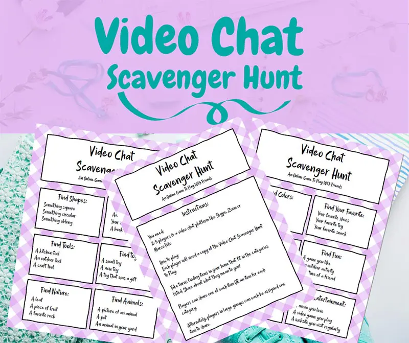 Preview images of printable pages for video chat scavenger hunt for kids.