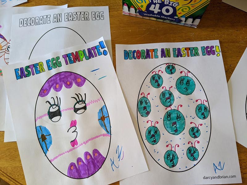 Two printable Easter egg printables colored in by child.