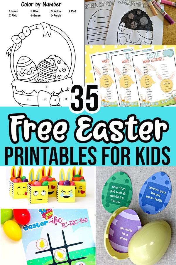 Image collage of printable Easter activities with text overlay.