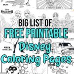 Collage of Disney printable coloring pages with text overlay.