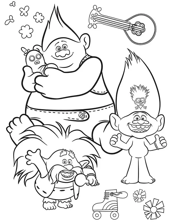 Preview of coloring page with several Trolls characters.