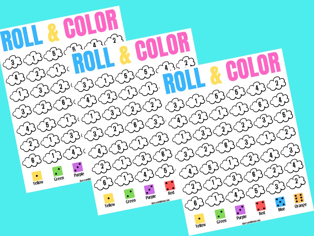 printable cloud roll and color dice game for preschool and kindergarten