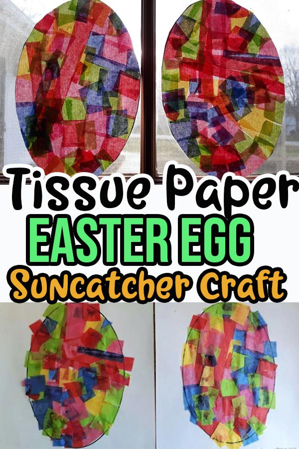 Image collage of tissue paper egg craft in process and completed.
