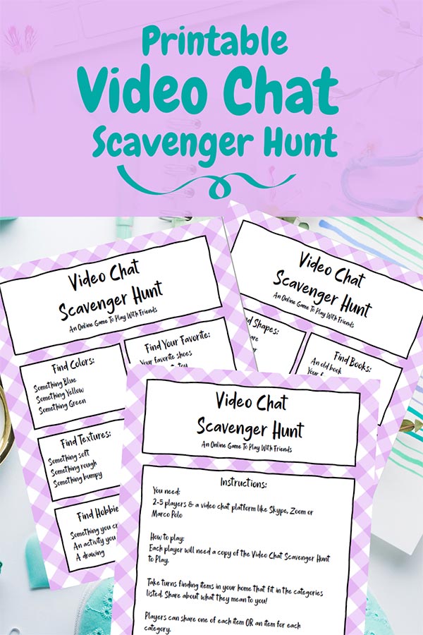 Image with preview of video call scavenger hunt printable pages.