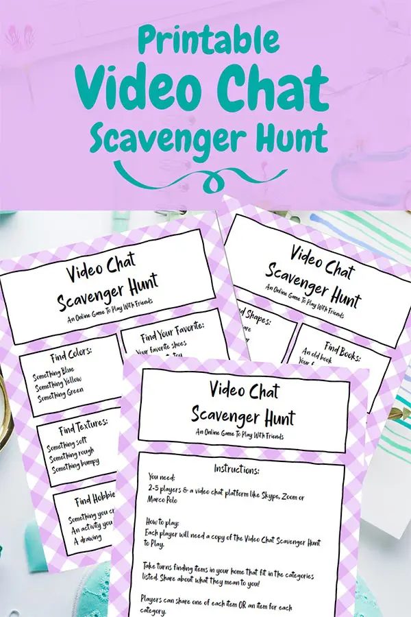 Image with preview of video call scavenger hunt printable pages.