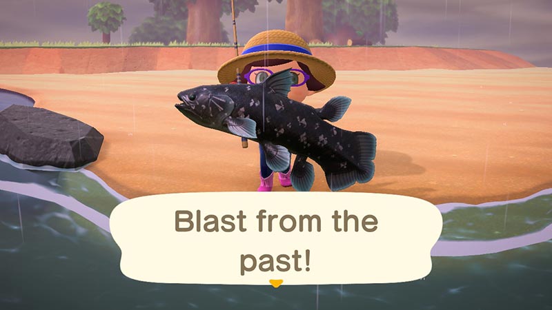 Screenshot of player catching a coelacanth and text box that says Blast from the past!