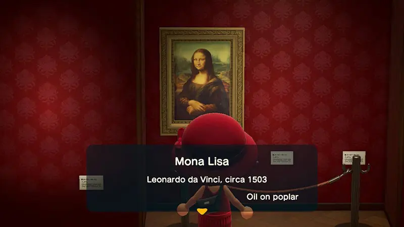 Player viewing the Mona Lisa painting in the game's museum art gallery in Animal Crossing New Horizons.