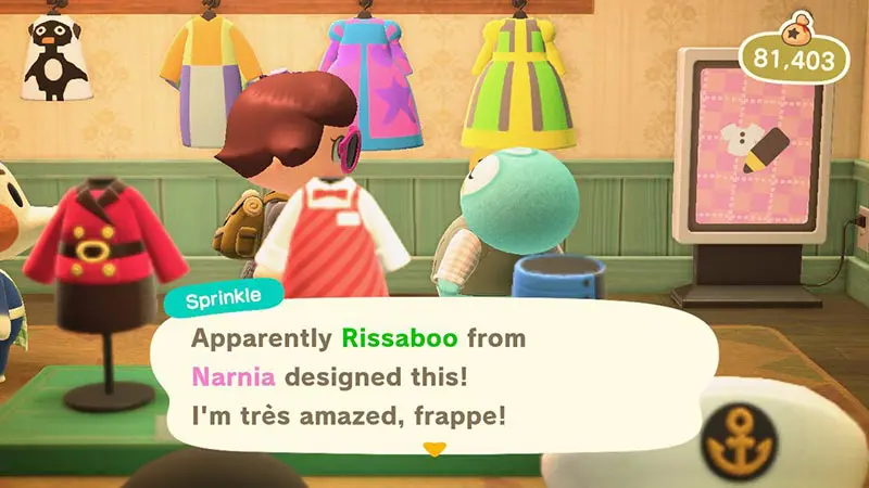Screenshot of animal villager talking about another player's custom clothing designs in the Able Sisters shop in Animal Crossing New Horizons game.