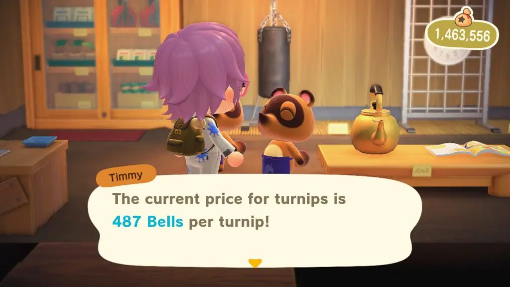 Screenshot of player asking TImmy about turnip prices in Animal Crossing New Horizons.