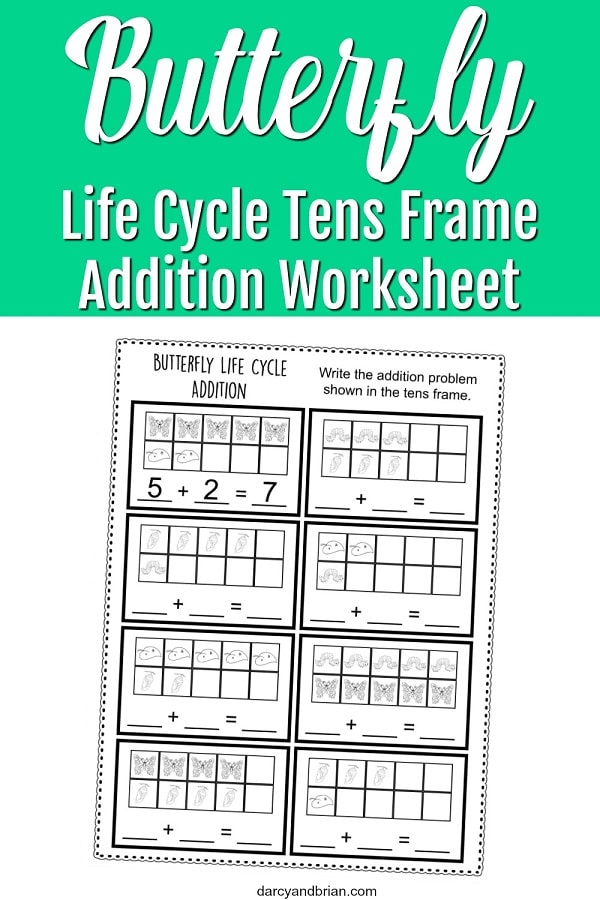 Preview of butterfly ten frame worksheet with text overlay.