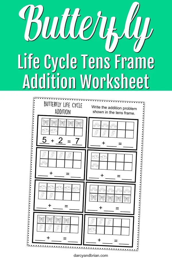 Preview of butterfly ten frame worksheet with text overlay.