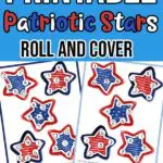 Preview of printable red, white, and blue stars roll and cover game. Stars have small circles with numbers on them. Page previews on light blue background with text overlay.