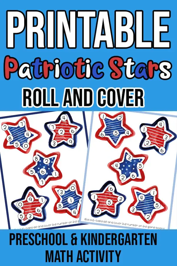 Preview of printable red, white, and blue stars roll and cover game. Stars have small circles with numbers on them. Page previews on light blue background with text overlay.