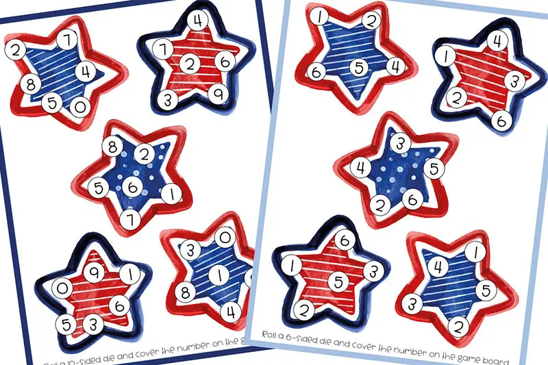 Preview of printable roll and cover game pages featuring red, white, and blue stars. Stars on left page feature numbers 0-9 and page on right has numbers 1-6 on it.
